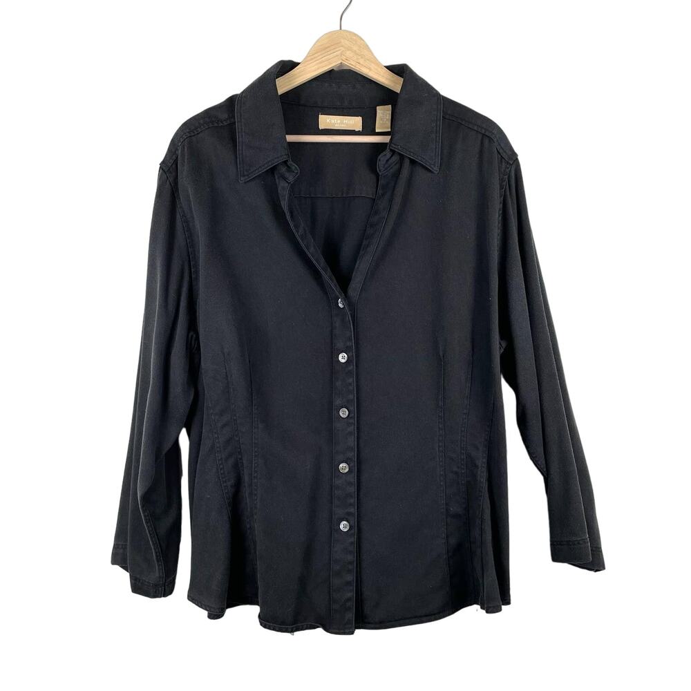 Kate Hill Plus 3X Black Denim Button Up Top Minimalist Normcore Preppy